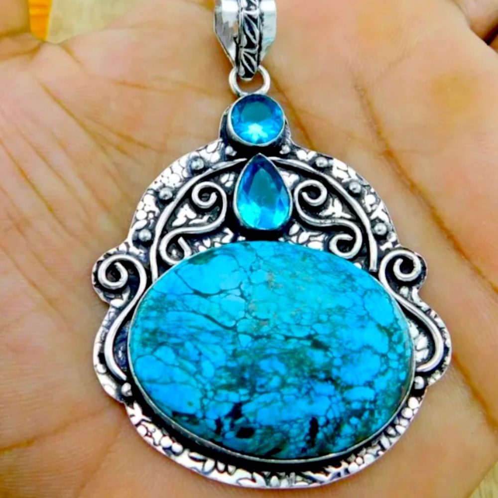 Arizona Kingman Turquoise & Sterling Silver Handcrafted Pendant Size 2.6”